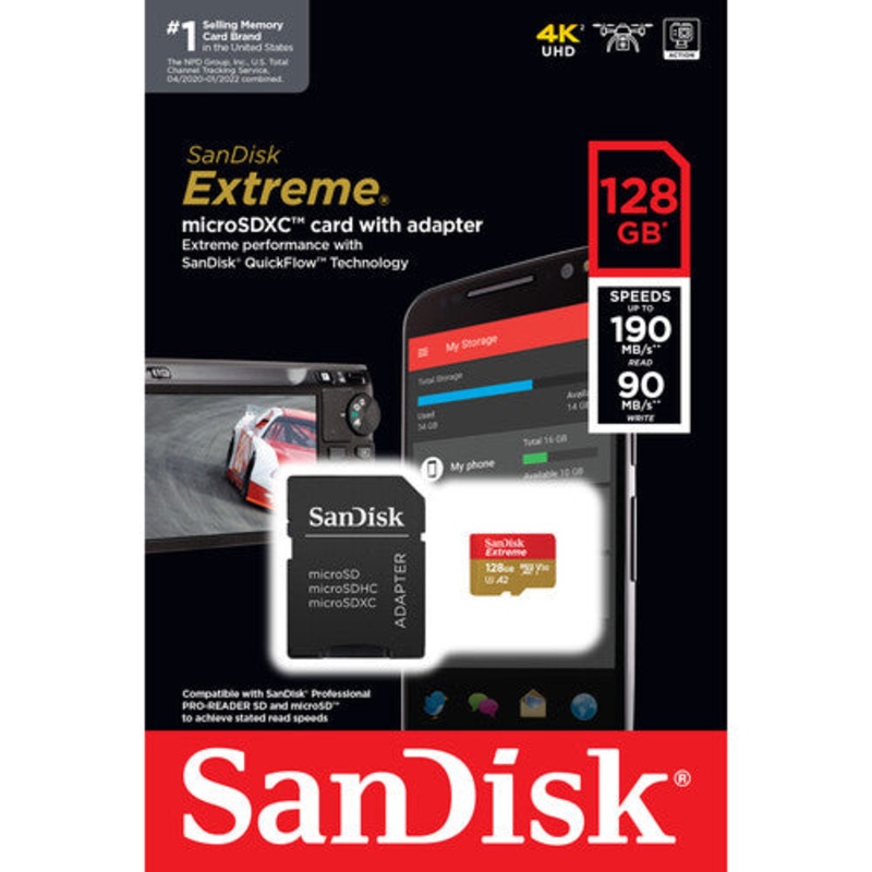 SanDisk Extreme 128GB UHS-I U3 microSDXC Memory Card with SD Adapter