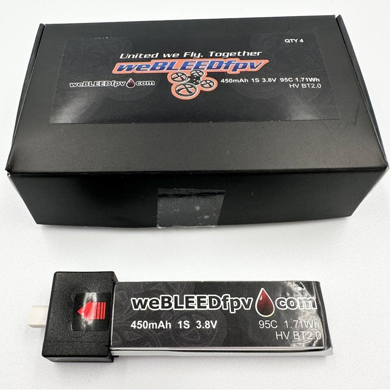 weBLEEDfpv 450mAh 1S BT2.0 LiPo Batteries (4 pack) – Choose Pigtail / Direct-Plug