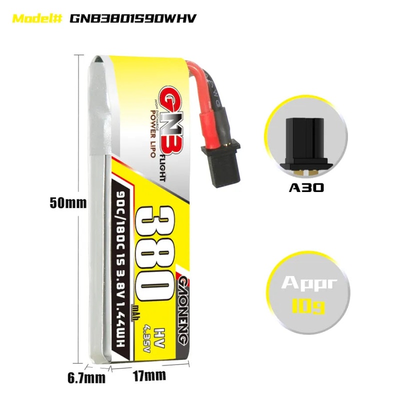 Gaoneng GNB 1S 380MAH 90C 3.8V HV Li-Po Battery for Whoop Micro – A30 Cabled