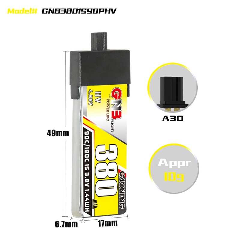 Gaoneng GNB 1S 380MAH 90C 3.8V HV Li-Po Battery for Whoop Micro – A30 Plastic Head