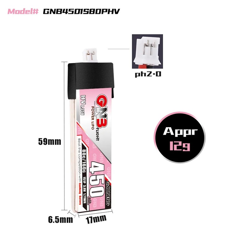 Gaoneng GNB 1S 450MAH 80C 3.8V HV Li-Po Battery for Whoop Micro – PH2.0 Plastic Head