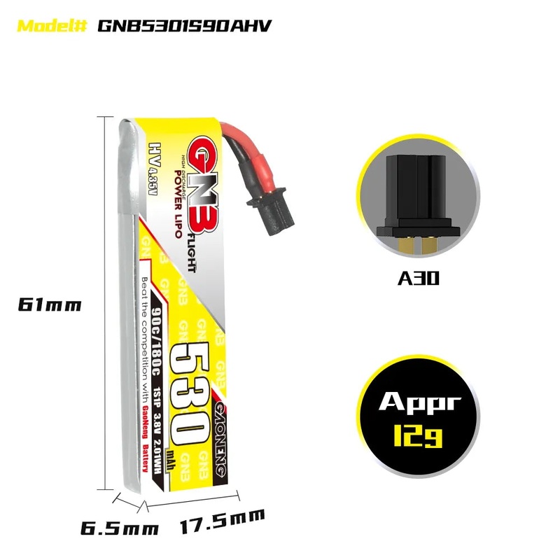 Gaoneng GNB 1S 530MAH 90C 3.8V HV Li-Po Battery for Whoop Micro – A30 Cabled