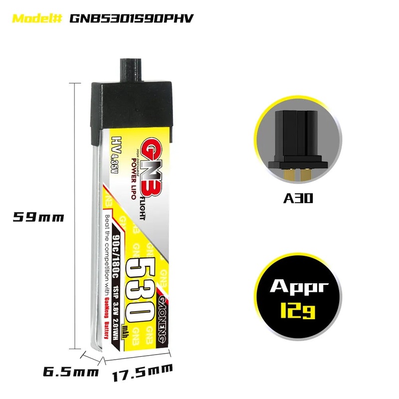 Gaoneng GNB 1S 530MAH 90C 3.8V HV Li-Po Battery for Whoop Micro – A30 Plastic Head