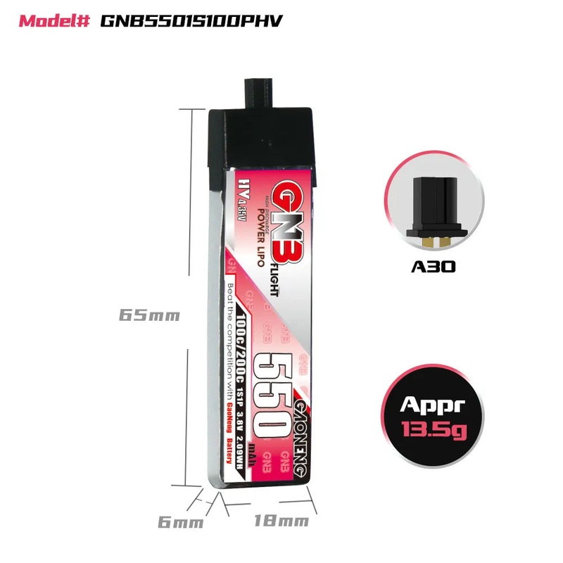 Gaoneng GNB 1S 550MAH 100C 3.8V HV Li-Po Battery for Whoop Micro – A30 Plastic Head
