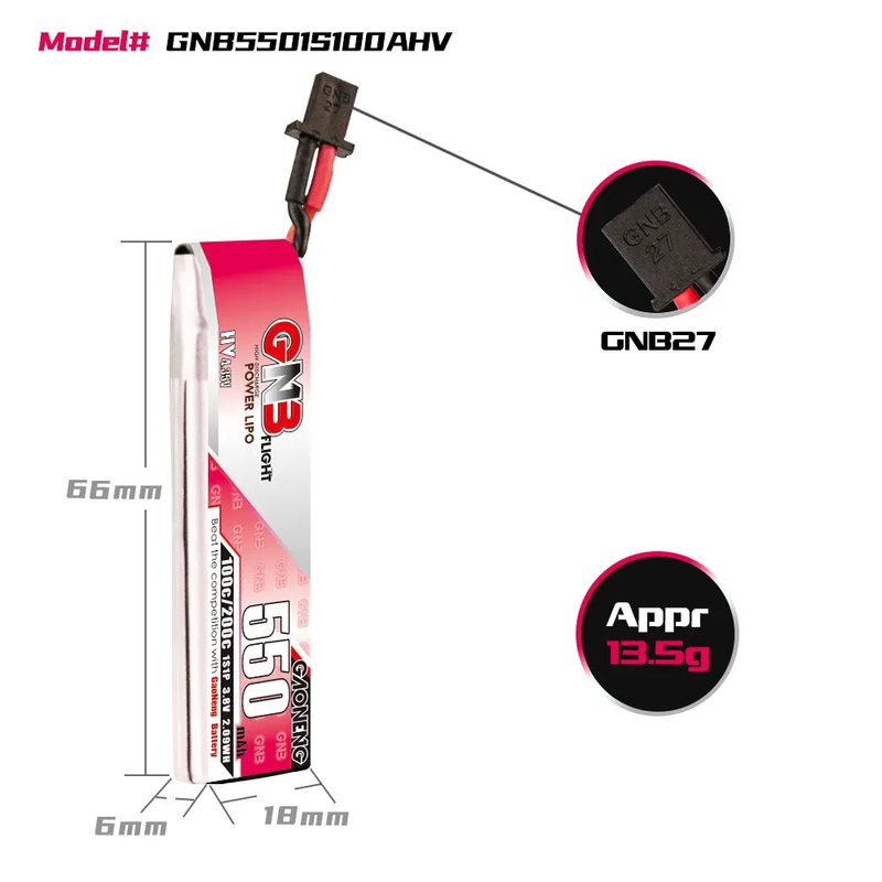 Gaoneng GNB 1S 550MAH 100C 3.8V HV Li-Po Battery for Whoop Micro – GNB27 Cabled