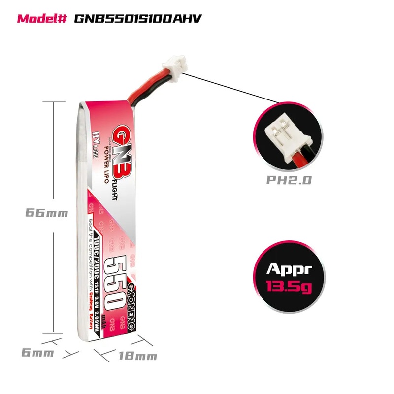 Gaoneng GNB 1S 550MAH 100C 3.8V HV Li-Po Battery for Whoop Micro – PH2.0 Cabled
