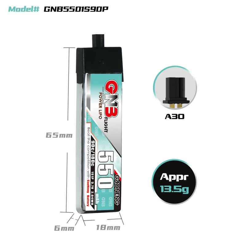 Gaoneng GNB 1S 550MAH 90C 3.7V Li-Po Battery for Whoop Micro – A30 Plastic Head