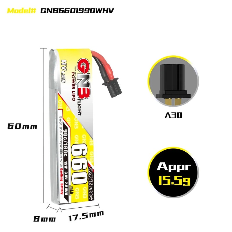 Gaoneng GNB 1S 660MAH 90C 3.8V HV Li-Po Battery for Whoop Micro – A30 Cabled