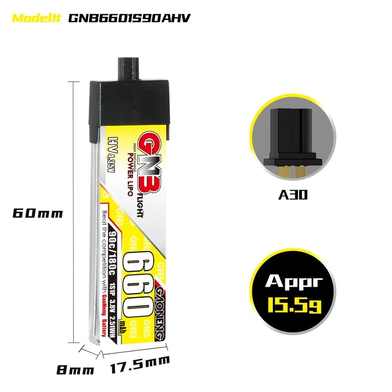 Gaoneng GNB 1S 660MAH 90C 3.8V HV Li-Po Battery for Whoop Micro – A30 Plastic Head