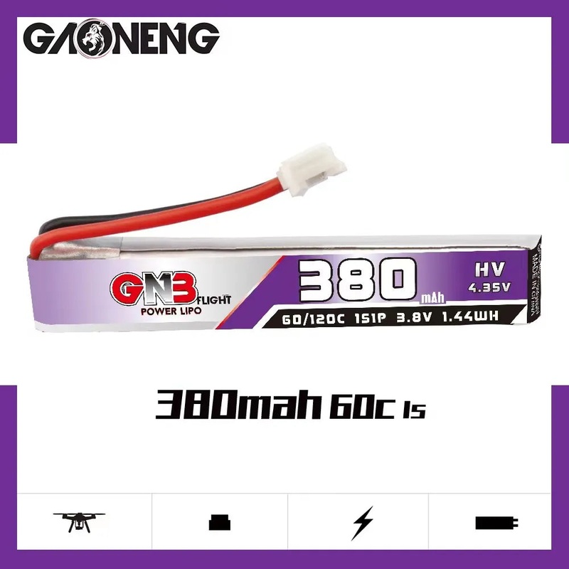 Gaoneng GNB 380mAh HV 3.8v 1S 60C – HV Lipo Whoop Cabled PH 2.0 Battery