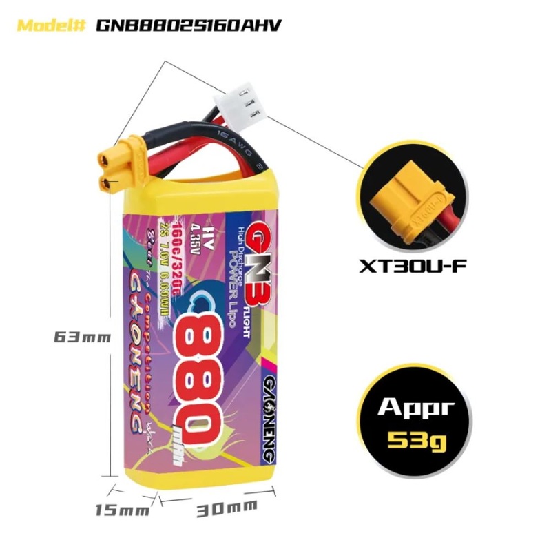 Gaoneng GNB 2S 7.6V 880mAh 160C HV Lipo Battery – XT30