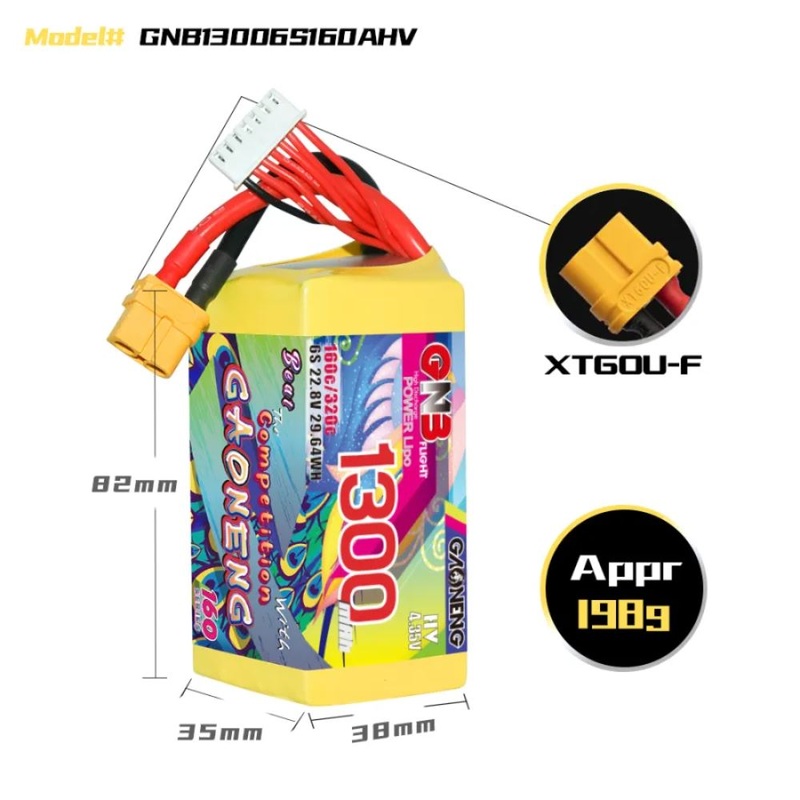 Gaoneng GNB 6S 22.8V 1300mAh 160C HV Lipo Battery – XT60