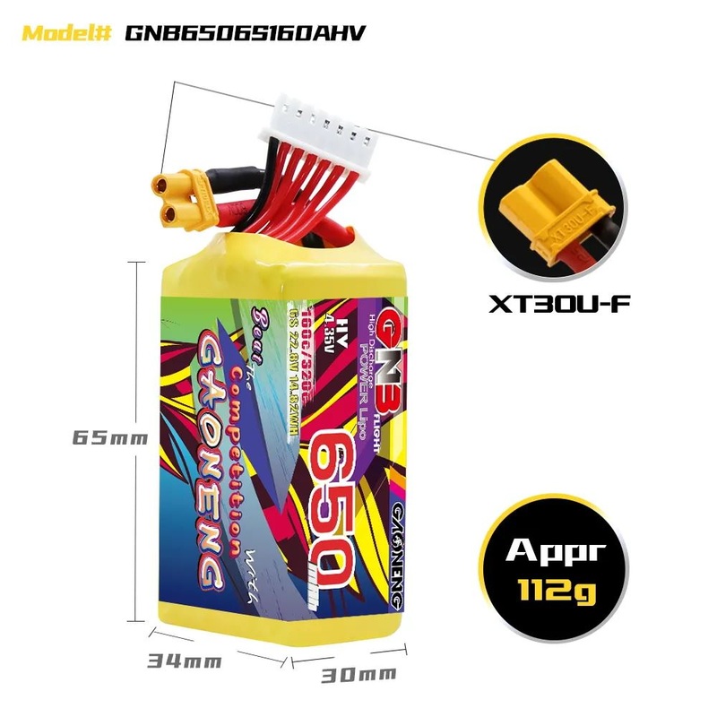 Gaoneng GNB 6S 22.8V 650mAh 160C HV Lipo Battery – XT30