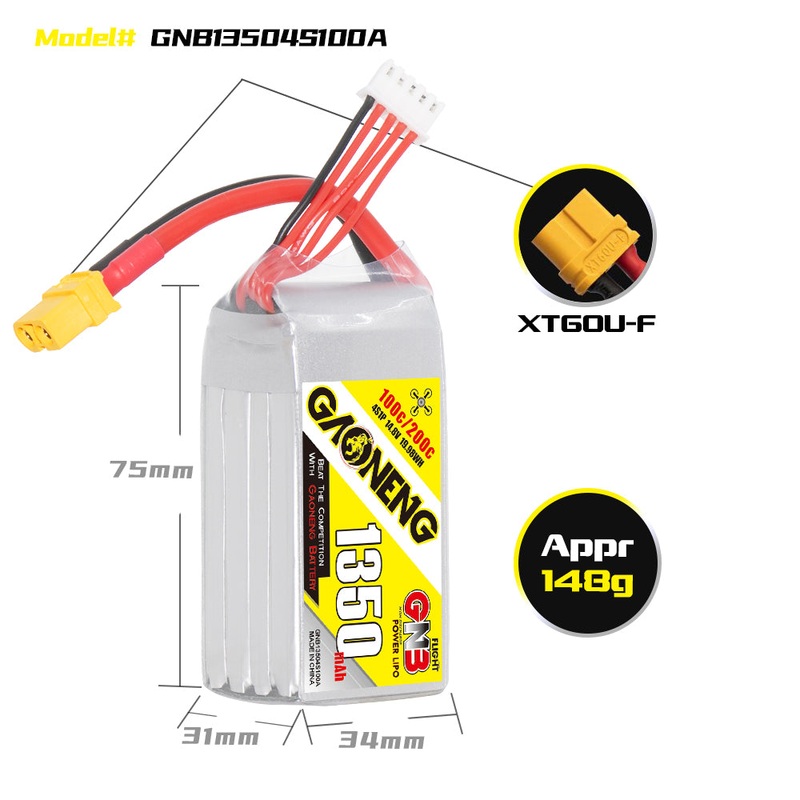 Gaoneng GNB 1350mAh 14.8v 4S 100C Lipo Battery – XT60