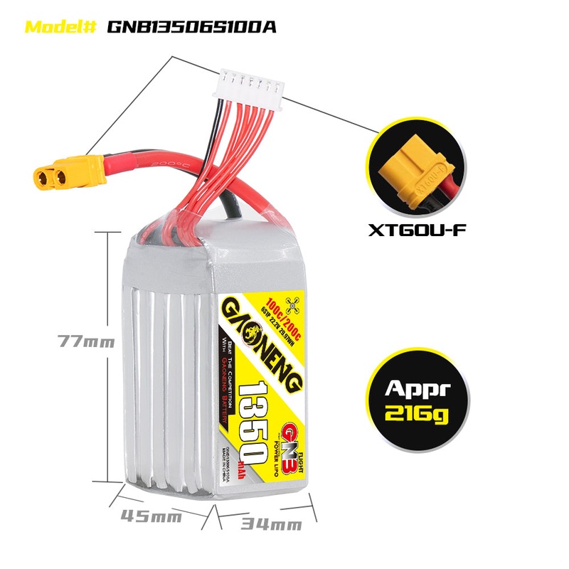 Gaoneng GNB 1350mAh 22.2v 6S 100C Lipo Battery – XT60