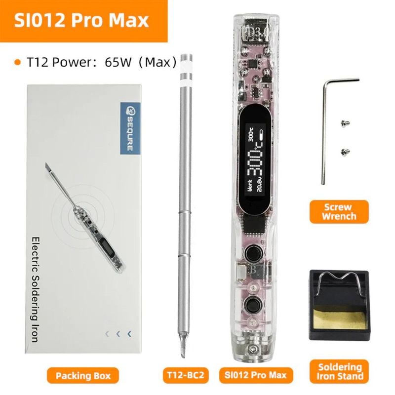 Sequre SI012 Pro Max Mini Soldering Iron w/ T12-BC2 Tip supports PD/QC/3S-6S Battery Power Supply