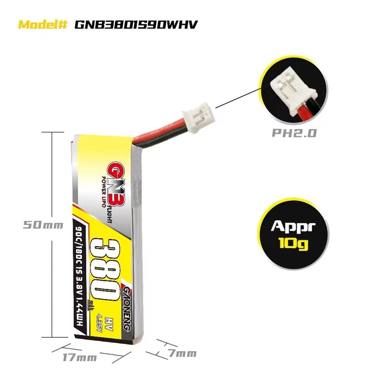 Gaoneng GNB 380mah 1S 3.8V HV 90c LiPo Battery – PH2.0