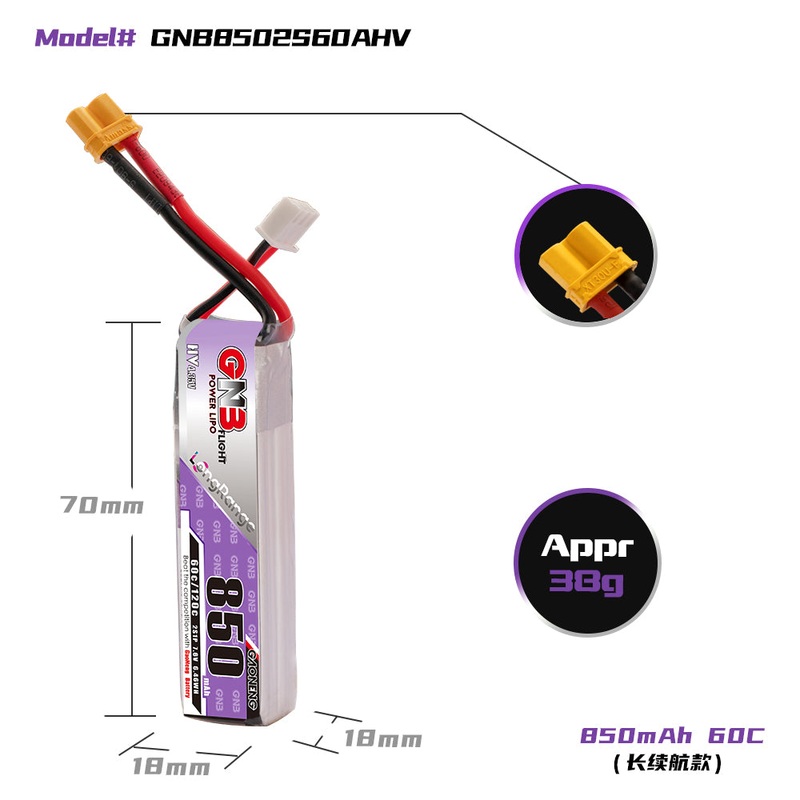 Gaoneng GNB 850mAh 2S 7.6V 60C/120C HV Lipo Battery – XT30