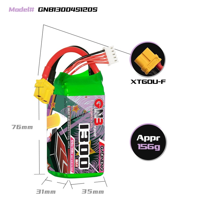 Gaoneng GNB 1300mAh 14.8V 4S 120C Lipo Battery – XT60