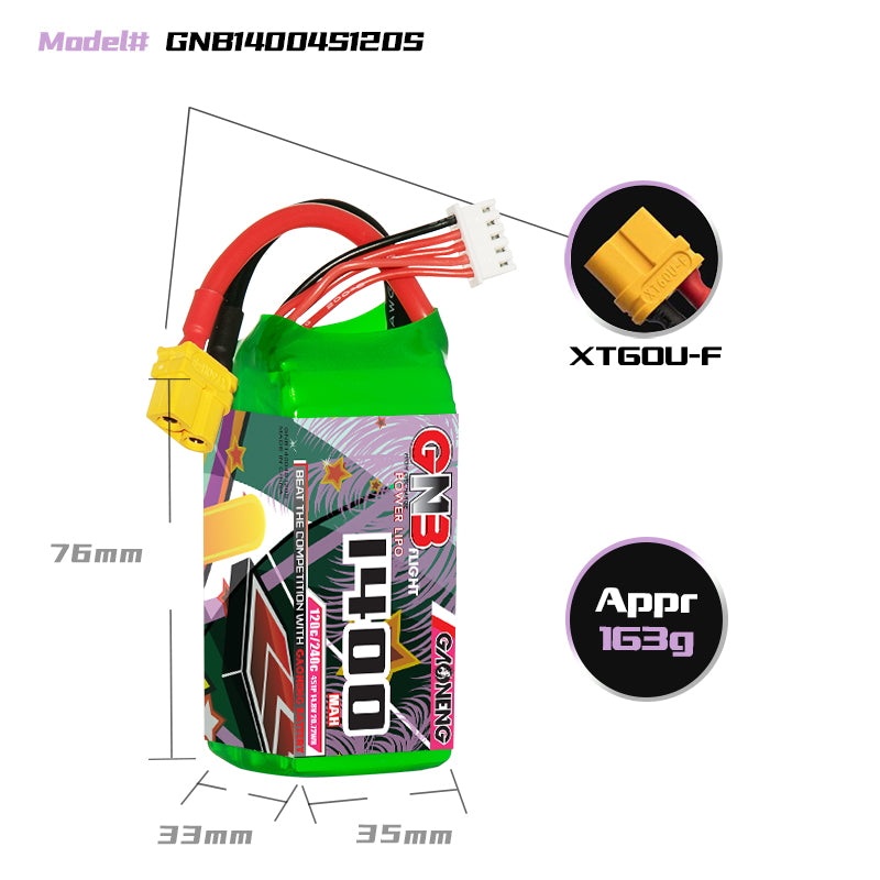 Gaoneng GNB 1400mAh 14.8V 4S 120C Lipo Battery – XT60