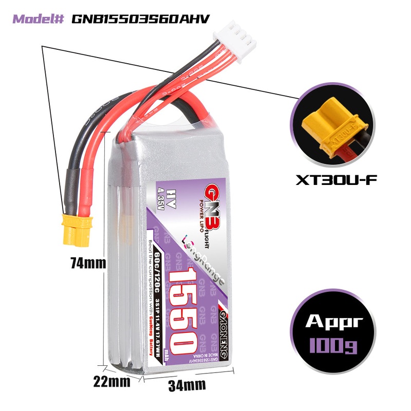 Gaoneng GNB 1550mAh 11.4V 3S 60C HV Lipo Battery – XT30