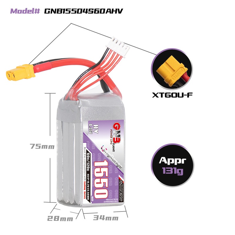 Gaoneng GNB 1550mAh 15.2V 4S 60C HV Lipo Battery – XT60