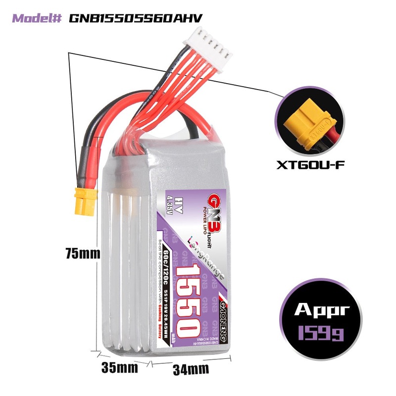 Gaoneng GNB 1550mAh 19V 5S 60C HV Lipo Battery – XT60