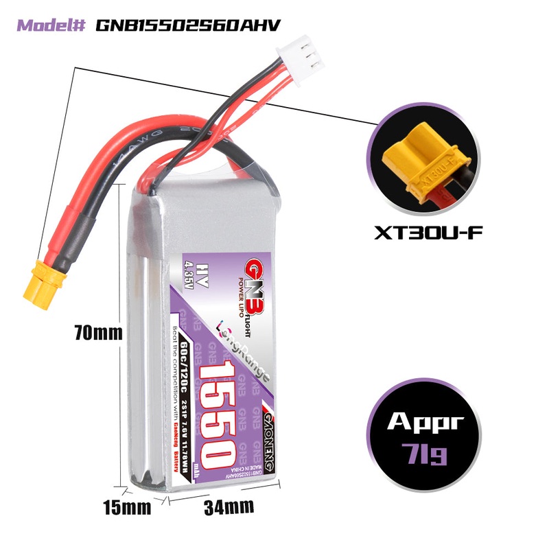 Gaoneng GNB 1550mAh 7.6V 2S 60C HV Lipo Battery – XT30
