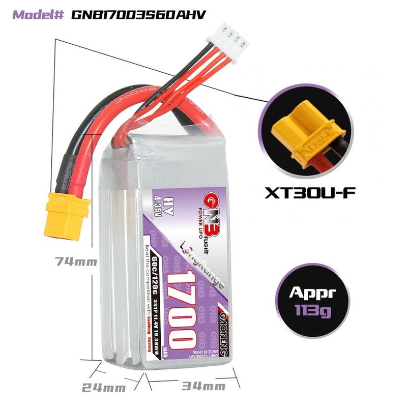 Gaoneng GNB 1700mAh 11.4V 3S 60C HV Lipo Battery – XT30