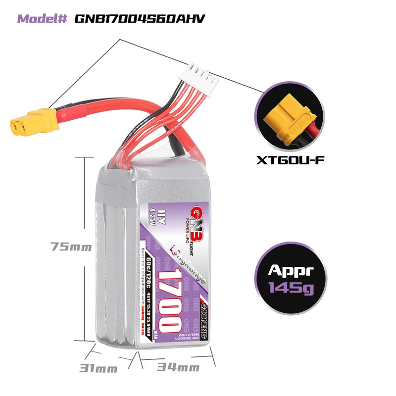 Gaoneng GNB 1700mAh 15.2V 4S 60C HV Lipo Battery – XT60