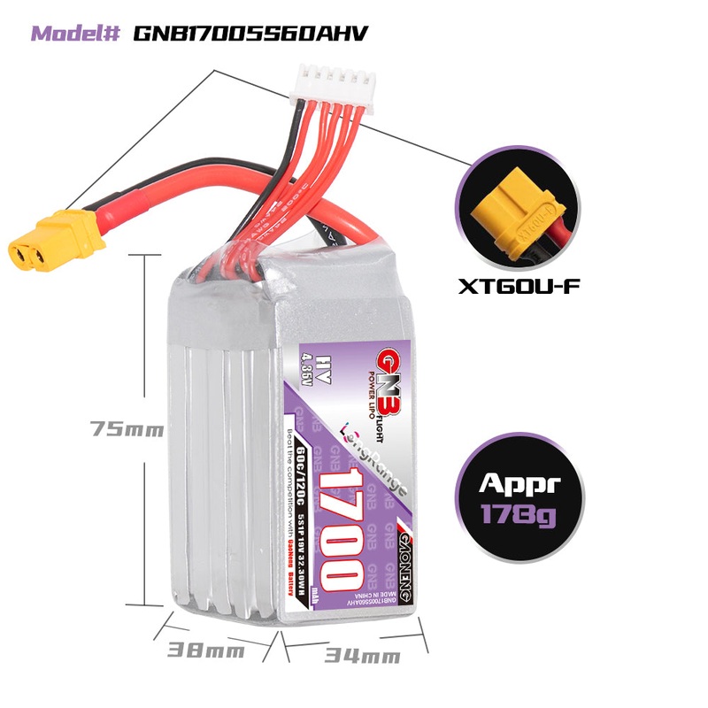 Gaoneng GNB 1700mAh 19V 5S 60C HV Lipo Battery – XT60