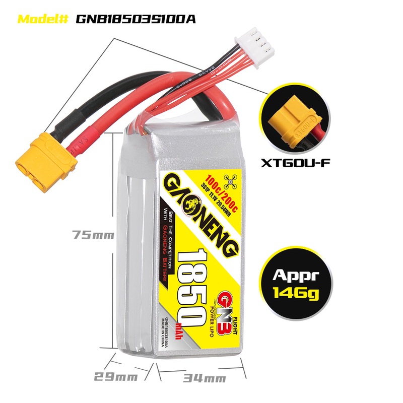Gaoneng GNB 1850mAh 11.1v 3S 100C Lipo Battery – XT60