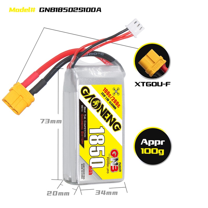 Gaoneng GNB 1850mAh 7.4V 2S 100C Lipo Battery – XT60