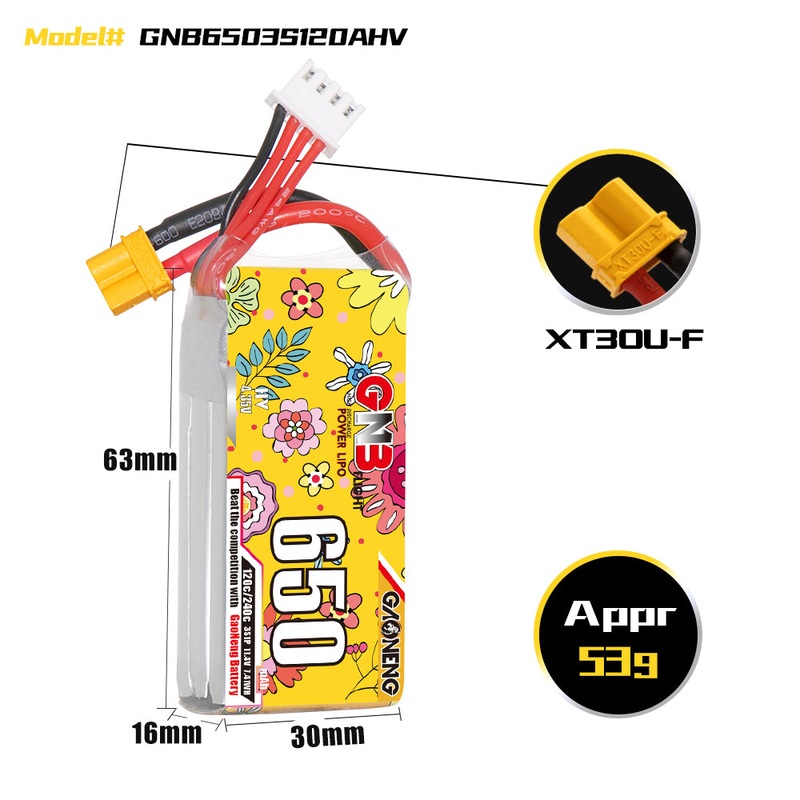 Gaoneng GNB 650mAh 11.4V 3S 120C HV Lipo Battery – XT30