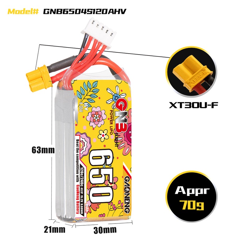 Gaoneng GNB 650mAh 15.2V 4S 120C HV Lipo Battery – XT30
