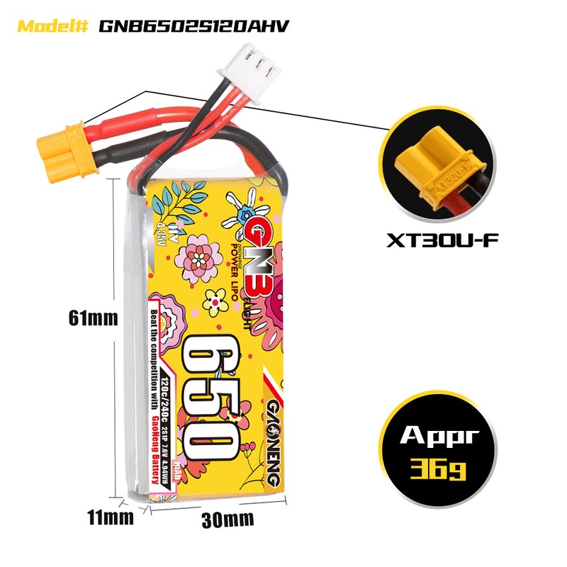 Gaoneng GNB 650mAh 7.6V 2S 120C HV Lipo Battery – XT30