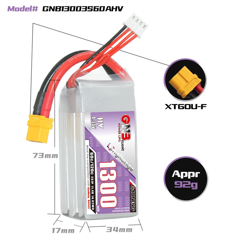 Gaoneng GNB 1300mAh 11.4V 3S HV 60C Lipo Battery – XT60