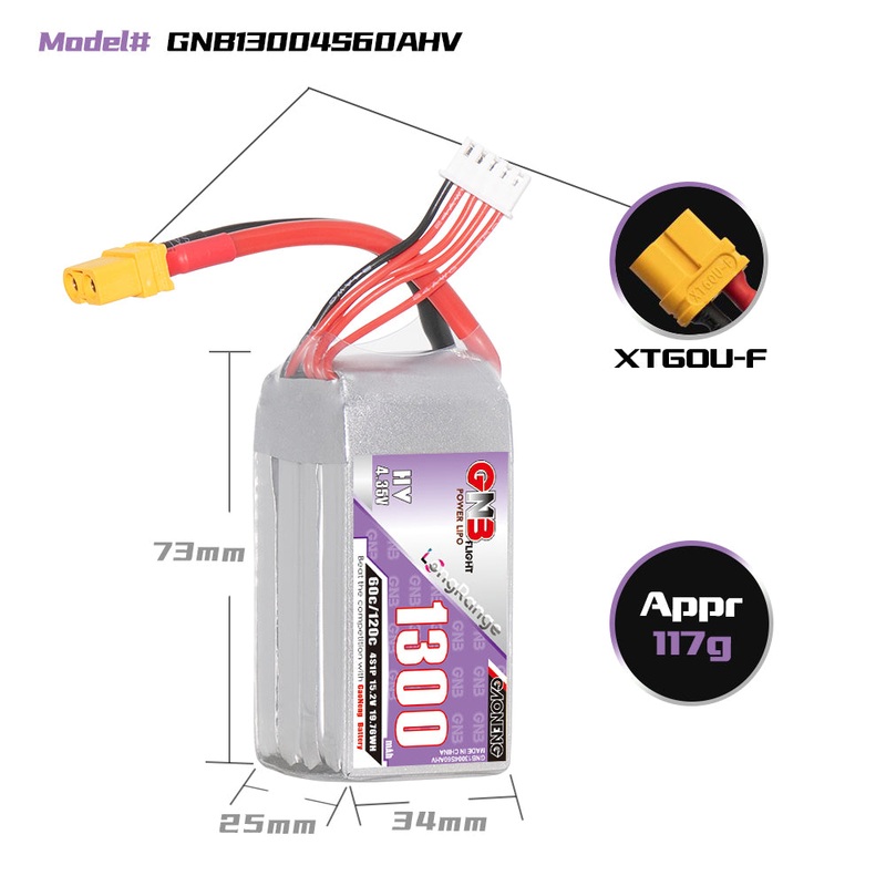 Gaoneng GNB 1300mAh 15.2V 4S HV 60C Lipo Battery – XT60