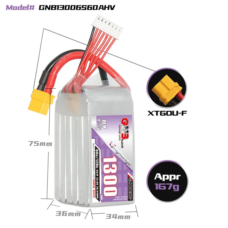 Gaoneng GNB 1300mAh 22.8V 6S HV 60C Lipo Battery – XT60