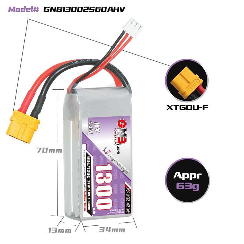 Gaoneng GNB 1300mAh 7.6V 2S HV 60C Lipo Battery – XT60