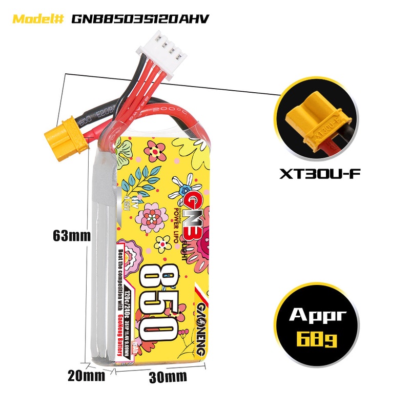 Gaoneng GNB 850mAh 11.4V 3S HV 120C Lipo Battery – XT30