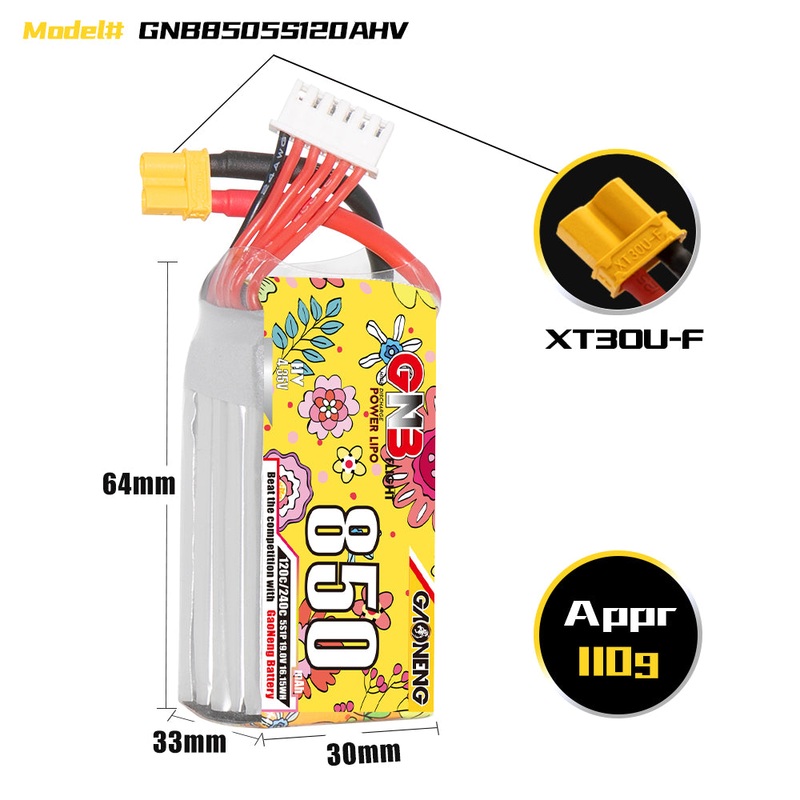 Gaoneng GNB 850mAh 19V 5S HV 120C Lipo Battery – XT30