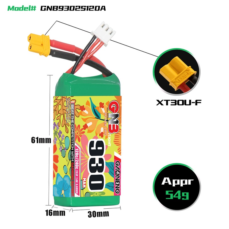 Gaoneng GNB 930mAh 7.4V 2S 120C Lipo Battery – XT30
