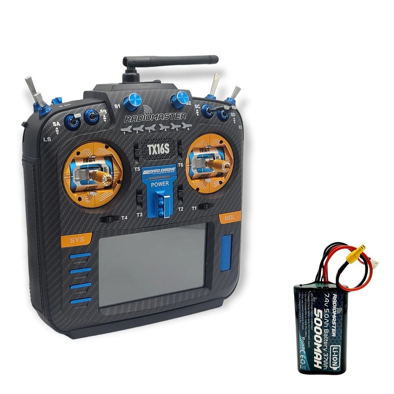 RadioMaster TX16S MKII MAX AG01  Edition – Carbon Face Plate, Pyro AG01 Gimbals, Blue/Orange CNC parts, Black Leather Grips & 5000mAh 2S Li-Ion Battery – Choose Protocol