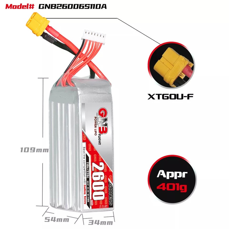 Gaoneng GNB 2600mAh 22.2V 6S 110C Long Range/Cinelifter Lipo Battery – XT60